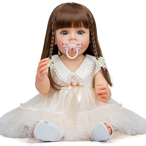 

22 inch Reborn Baby Doll Full body Silicone Reborn Toddler doll Sue-Sue Hand-detailed Painting with brown long wig hair for child Xmas gift