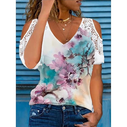 

Women's Casual Holiday Weekend Floral Butterfly Painting T shirt Tee Floral Butterfly Short Sleeve Cut Out Lace Print V Neck Basic Ethnic Tops Green Blue Purple S / 3D Print