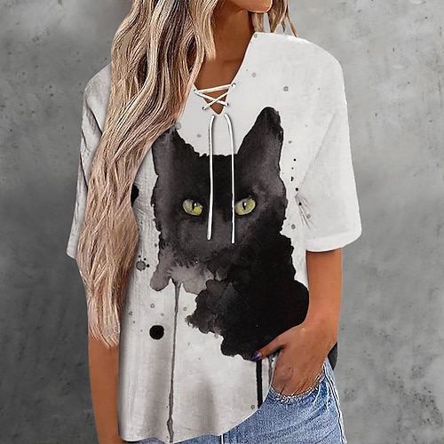 

Women's T shirt Tee Dark Gray Gray White Floral Cat Print Short Sleeve Casual Weekend Basic V Neck Regular Floral Cat Painting S / 3D Print