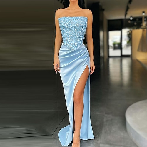 

Women's Party Dress Bodycon Sheath Dress Long Dress Maxi Dress Blue Sleeveless Pure Color Sequins Spring Summer Strapless Party Slim 2022 S M L XL