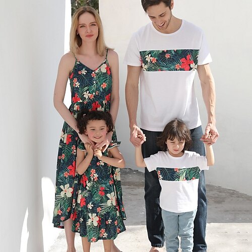 

Familie Kleider T-Shirt Familiensets Baumwolle Blumen Strasse Bedruckt Grün Kurzarm Midi Trägerkleid Aktiv Passende Outfits