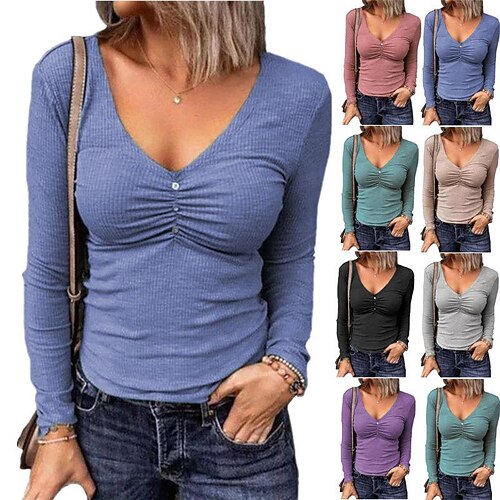 

autumn winter pit strip solid color slim v-neck long-sleeved women's t-shirt top