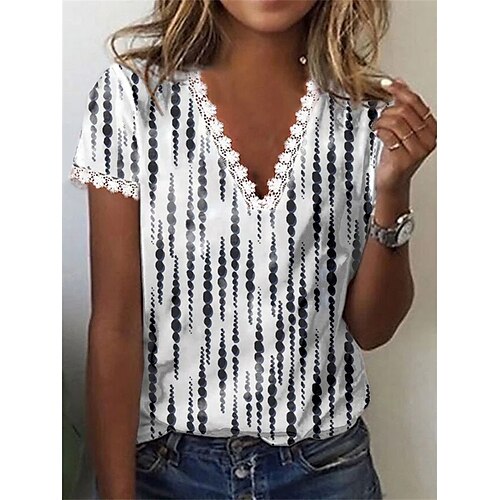 

Women's T shirt Tee White Polka Dot Print Short Sleeve Casual Daily Basic V Neck Regular S / 3D Print