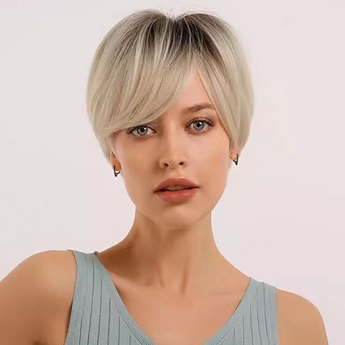 

Human Hair Wig Short Straight Pixie Cut Multi-color Soft Natural Hairline For Black Women Machine Made Capless Chinese Hair All Platinum Blonde 6 inch Daily Wear Party & Evening
