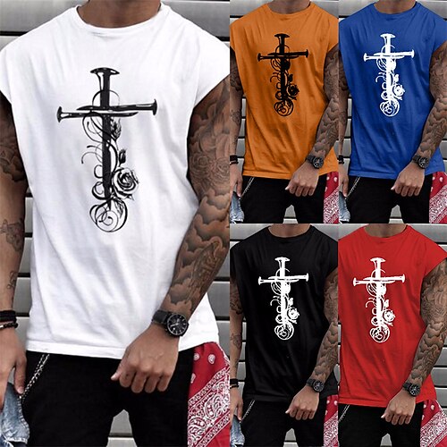 

Men's T shirt Tee Graphic Cross Crew Neck Wine Blue White Black Outdoor Street Cap Sleeve Print Clothing Apparel Fashion Casual Classic Comfortable / Summer / Summer