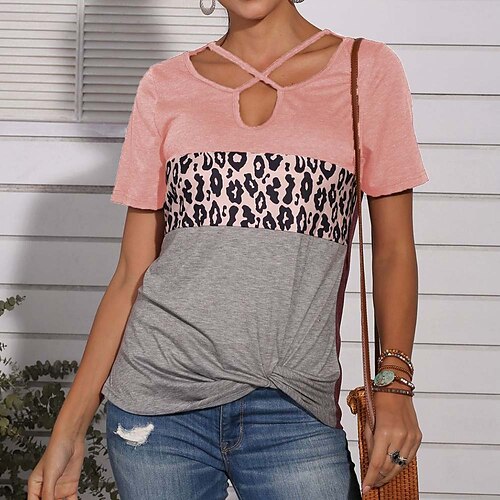 

Women's Color Block Leopard Casual Weekend Painting T shirt Tee Short Sleeve Print V Neck Basic Essential Tops Green Blue Pink S