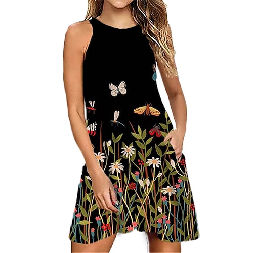 

Women's Shift Dress Short Mini Dress Green Blue Purple Fuchsia Orange Sleeveless Floral Butterfly Animal Pocket Print Spring Summer Halter Neck Casual Vacation 2022 S M L XL XXL 3XL