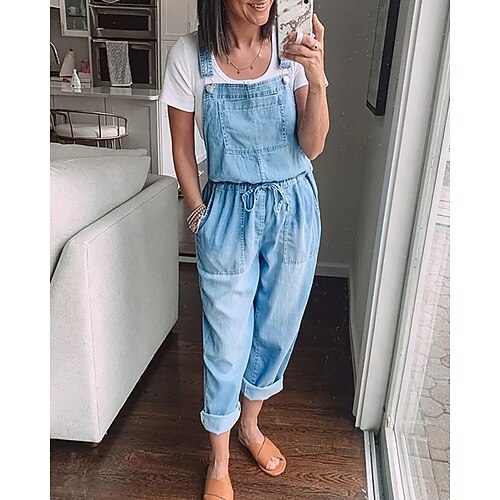 

Women's Pants Trousers Jumpsuit Rompers Denim Blue Dark Blue Mid Waist Fashion Casual Weekend Side Pockets Micro-elastic Full Length Comfort Plain S M L XL XXL