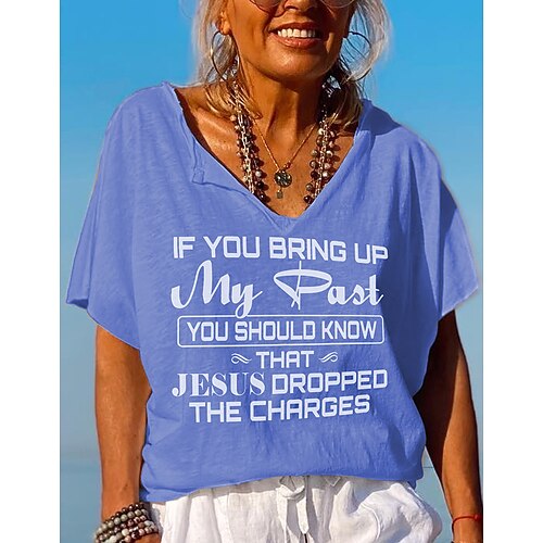 

Women's Casual Weekend Painting T shirt Tee Text Short Sleeve Print V Neck Basic Tops Green Blue Khaki S