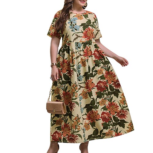 

abito da donna plus size da vacanza girocollo floreale stampa manica corta primavera estate casual maxi abito lungo casual abito quotidiano cotone lino