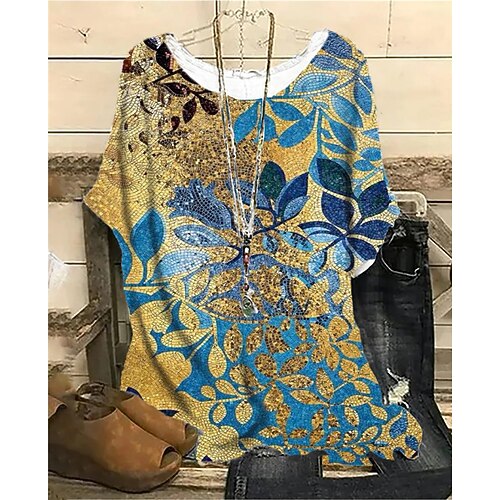 

Women's Plus Size Tops Blouse Shirt Floral Print Half Sleeve Crewneck Streetwear Daily Sports Cotton Spandex Jersey Spring Summer Blue