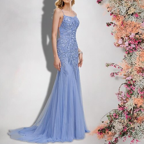 

Mermaid / Trumpet Bridesmaid Dress Spaghetti Strap Sleeveless Sexy Sweep / Brush Train Lace / Tulle with Sequin / Appliques 2022