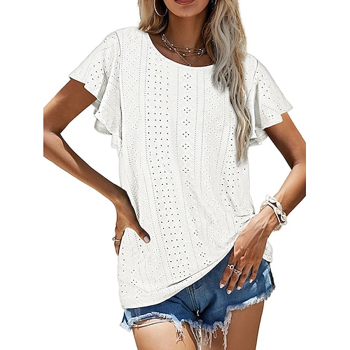 

Women's Plain Casual Weekend T shirt Tee Short Sleeve Ruffle Round Neck Basic Essential Tops Green White Black S