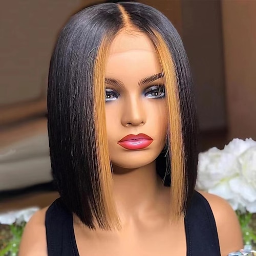 

Remy Human Hair 13x4x1 T Part Lace Front Wig Bob Middle Part Peruvian Hair Straight Natural Multi-color Wig 150% Density Natural Hairline 100% Virgin For Women wigs for black women Short Human Hair