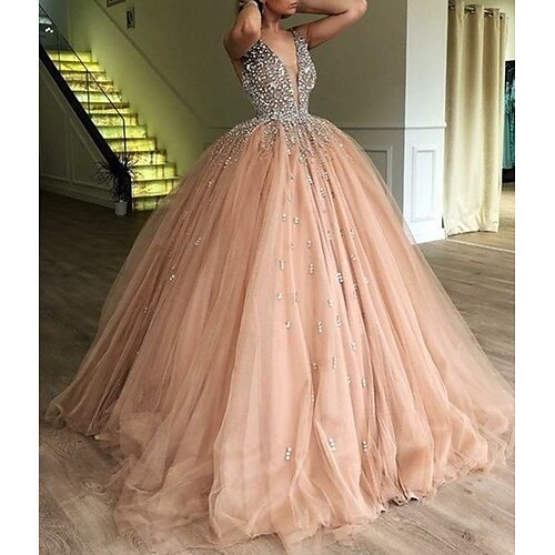 

Ball Gown Evening Dresses Sparkle & Shine Dress Quinceanera Floor Length Sleeveless V Neck Satin with Crystals Sequin 2022 / Prom