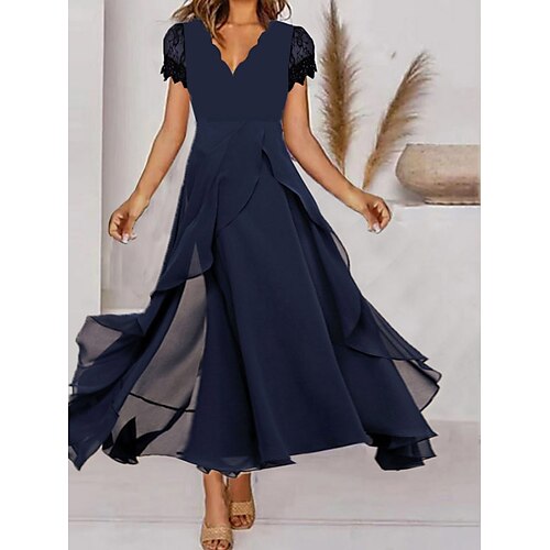 

Women's A Line Dress Maxi long Dress Navy Blue Short Sleeve Solid Color Ruched Spring Summer V Neck Casual Sexy 2022 S M L XL XXL 3XL