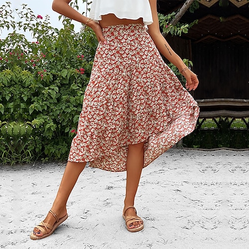 

Women's Skirt Swing Asymmetrical Polyester Red Skirts Summer Asymmetric Hem Print Fashion Summer Holiday Weekend S M L / Loose Fit