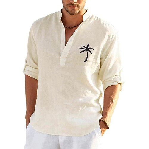 

Men's Shirt Solid Color Tree Coconut Tree Standing Collar Street Casual Button-Down Print Half Sleeve Tops Designer Casual Fashion Breathable White Black Gray / Summer
