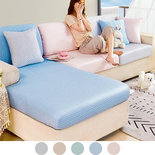 

Stretch Sofa Seat Cushion Cover Slipcover Summer Ice Silk Elastic Couch Sectional Armchair Loveseat 4 or 3 Seater L Shape Solid Soft Durable Washable