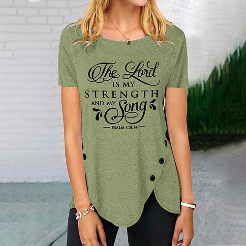 

Women's T shirt Tee Green Blue Purple Text Print Short Sleeve Daily Weekend Basic Round Neck Regular Religious Painting S