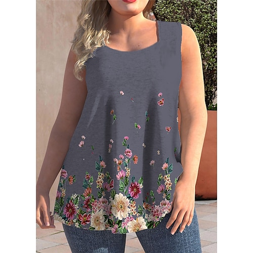 

Women's Plus Size Curve Tops Tank Top Floral Print Sleeveless Strap Streetwear Preppy Daily Going out Polyester Spring Summer Green Blue