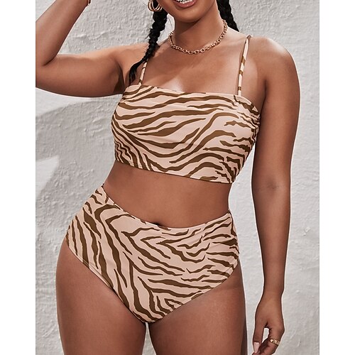 

Women's Swimwear Bikini 2 Piece Plus Size Swimsuit Backless Printing High Waisted Striped Zebra Print Khaki Strap Bathing Suits New Stylish Vacation / Sexy