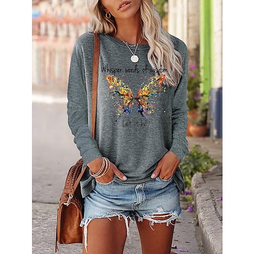 

Women's T shirt Tee Black Pink Blue Butterfly Letter Print Long Sleeve Casual Hawaiian Round Neck Long Loose Fit Butterfly S