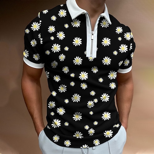 

Men's Collar Polo Shirt Golf Shirt Quarter Zip Polo Graphic Daisy Collar Black Outdoor Street Short Sleeve Zipper Print Clothing Apparel Fashion Casual Breathable / Summer / Spring / Summer