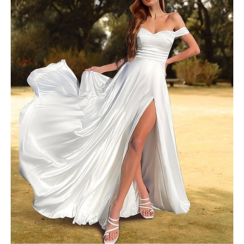 

A-Line Wedding Dresses Off Shoulder Sweep / Brush Train Charmeuse Sleeveless Simple Boho Sexy Backless with Ruched Split Front 2022