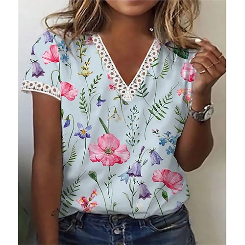 

Women's Flower Casual Daily Holiday T shirt Tee Short Sleeve Patchwork Lace Trims Print V Neck Basic Essential Tops White Black Light Blue S / 3D Print
