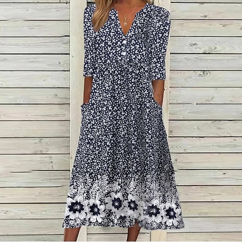 

Women's Casual Dress Midi Dress Navy Blue Half Sleeve Floral Ruched Summer Spring V Neck Basic Loose Fit 2023 S M L XL XXL 3XL