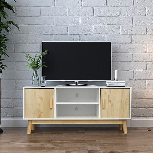 

TV Stand Mid-Century Wood Modern Entertainment Center Adjustable Storage Cabinet TV Console for Living Room White & Oak