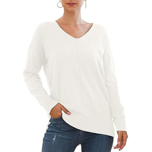 

Women's Sweater Pullover Jumper Knitted Pure Color Stylish Casual Soft Long Sleeve Sweater Cardigans V Neck Fall Winter White Black Gray