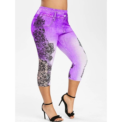

Women's Pants Trousers Capri shorts Faux Denim Blue Purple Dark Blue Mid Waist Fashion Office / Career Casual Weekend Print Micro-elastic Calf-Length Comfort Flower / Floral S M L XL XXL / Slim