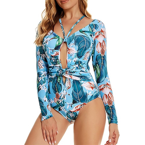 

Women's One Piece Swimsuit Cut Out Shirred Bodysuit Bathing Suit Floral / Botanical Swimwear Blue Quick Dry Lightweight Swimming Surfing Beach Spring Summer / Micro-elastic