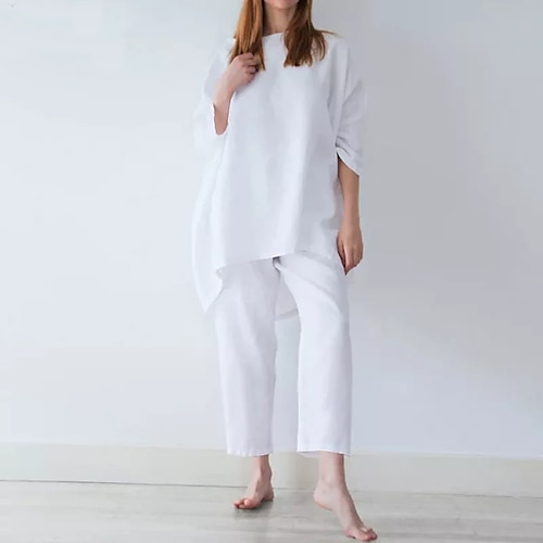 

Women's Loungewear Sets Nighty 2 Pieces Pure Color Simple Comfort Home Daily Linen Crew Neck Long Pant Pant Spring Summer Army Green Orange