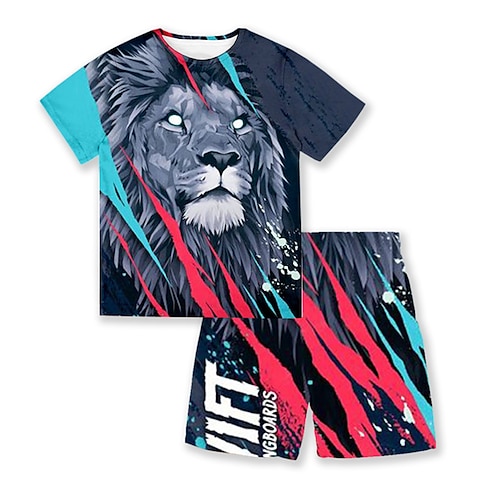 

2 Pieces Kids Boys T-shirt & Shorts Clothing Set Outfit Animal Letter Tiger Short Sleeve Crewneck Set Outdoor Sports Fashion Cool Spring Summer 3-13 Years Blue