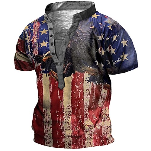 

Men's Henley Shirt Tee T shirt Tee 3D Print Graphic Patterned National Flag Plus Size Stand Collar Daily Sports Button-Down Print Short Sleeve Tops Designer Basic Casual Big and Tall Red / Summer