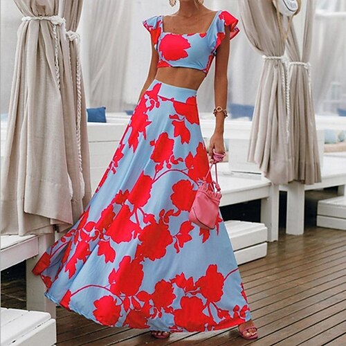 

Women's Dress Set Two Piece Dress Long Dress Maxi Dress Blue Sleeveless Floral Hollow Out Spring Summer Square Neck Hot Slim 2022 S M L XL XXL