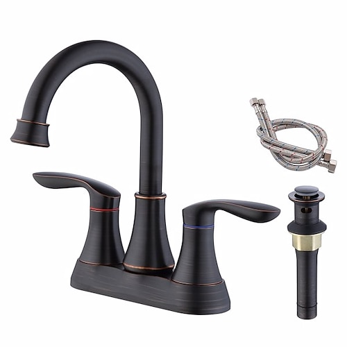 

2-Handle 4-Inch Oil Rubbed Bronze Bathroom Faucet Bathroom Vanity Sink Faucets with Pop-up Drain and Supply Hoses