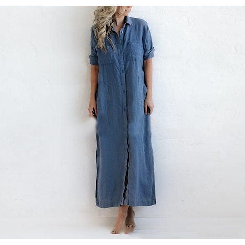 

Women's Shirt Dress Maxi long Dress Green Black Blue Half-Sleeve Solid Color Split Pocket Button Spring Summer Shirt Collar Casual Loose 2022 S M L XL XXL 3XL