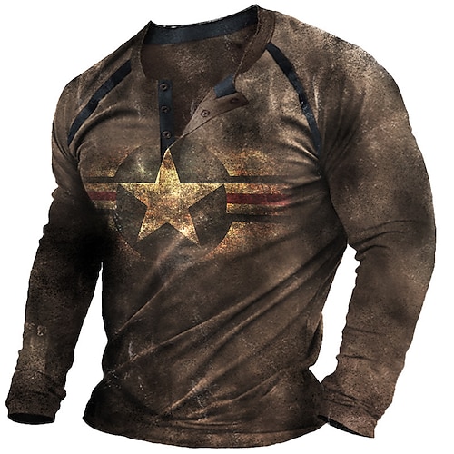 

Men's Henley Shirt T shirt Tee 3D Print Graphic Patterned Star Henley Street Casual Button-Down Print Long Sleeve Tops Designer Basic Fashion Classic Blue Brown / Summer