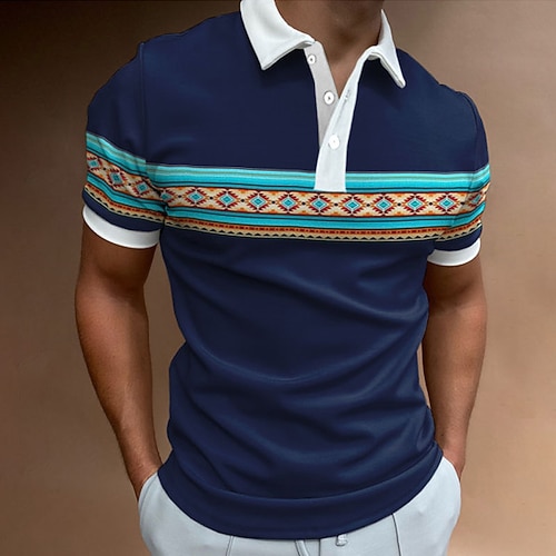 

Men's Collar Polo Shirt Golf Shirt Vintage Turndown Navy Blue 3D Print Street Daily Short Sleeve 3D Button-Down Clothing Apparel Fashion Casual Comfortable / Beach