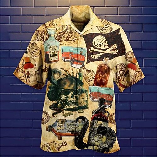 

Men's Shirt Skull Turndown Street Casual 3D Button-Down Short Sleeve Tops Casual Fashion Comfortable Beach Light Brown