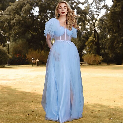 

A-Line Prom Dresses Corsets Dress Wedding Guest Floor Length Short Sleeve Square Neck Tulle with Ruffles Pure Color 2022