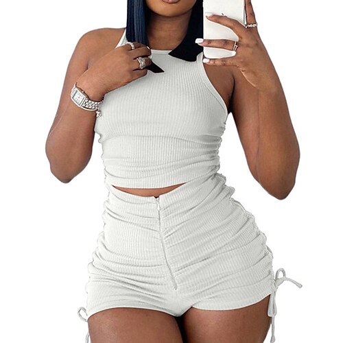 

Women's Loungewear Sets Nighty Pure Color Comfort Sport Home Street Polyester Crew Neck Sleeveless Tank Top Shorts Spring Summer White Black