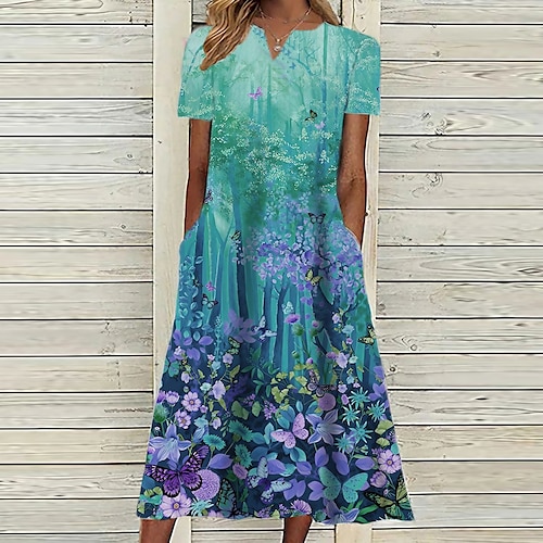 

Mulheres Vestido casual Vestido midi Azul Verde Manga Curta Floral Bolsos Primavera Verão Decote V Férias 2023 S M L XL XXL 3XL