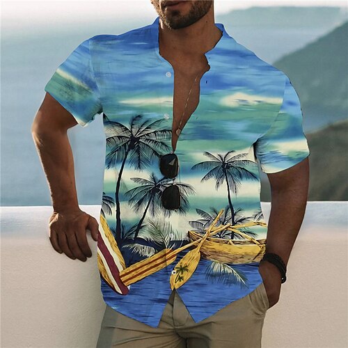 

Men's Shirt 3D Print Coconut Tree Stand Collar Casual Daily Button-Down Print Short Sleeve Tops Designer Casual Fashion Hawaiian Blue