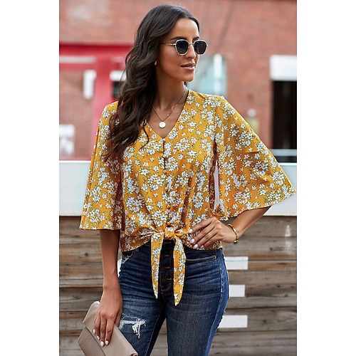 

Women's Floral Leopard Daily Weekend Blouse Shirt Half Sleeve Lace up Button V Neck Casual Streetwear Tops Green Black Yellow S / 3D Print