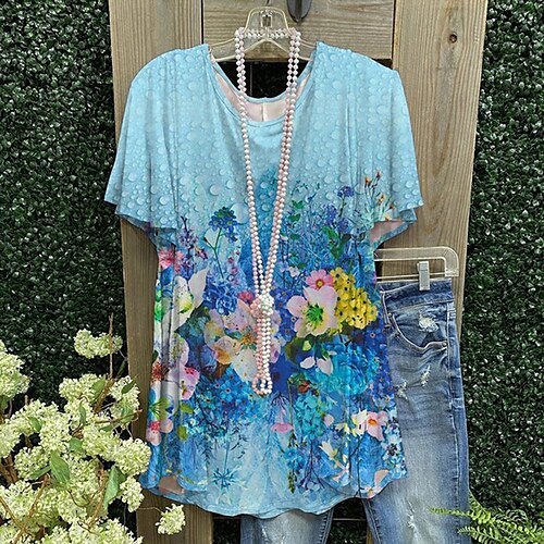 

Women's Floral Leopard Casual Holiday Weekend Floral Painting T shirt Tee Short Sleeve Print Round Neck Basic Essential Tops White Black Blue S / 3D Print